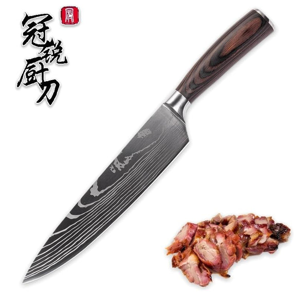 Chef's Knife 8in High Carbon Stainless Steel Damascus Laser Pattern Butcher Knives-Rosettas-Country-Kitchen