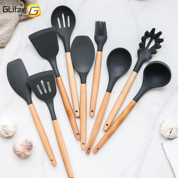 Premium Wood Handle Silicone Non-Stick Cooking Utensils Set Non Stick Spatula Shovel Soup Spoon 9 Different Pieces-Rosettas-Country-Kitchen